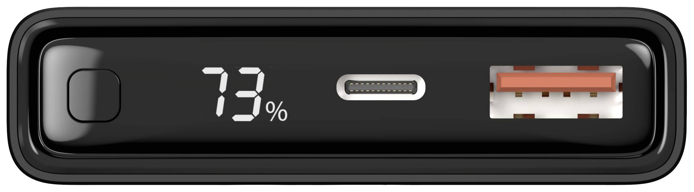 Schwarze Powerbank mit digitaler Anzeige '73%', USB-C- und USB-Anschluss.