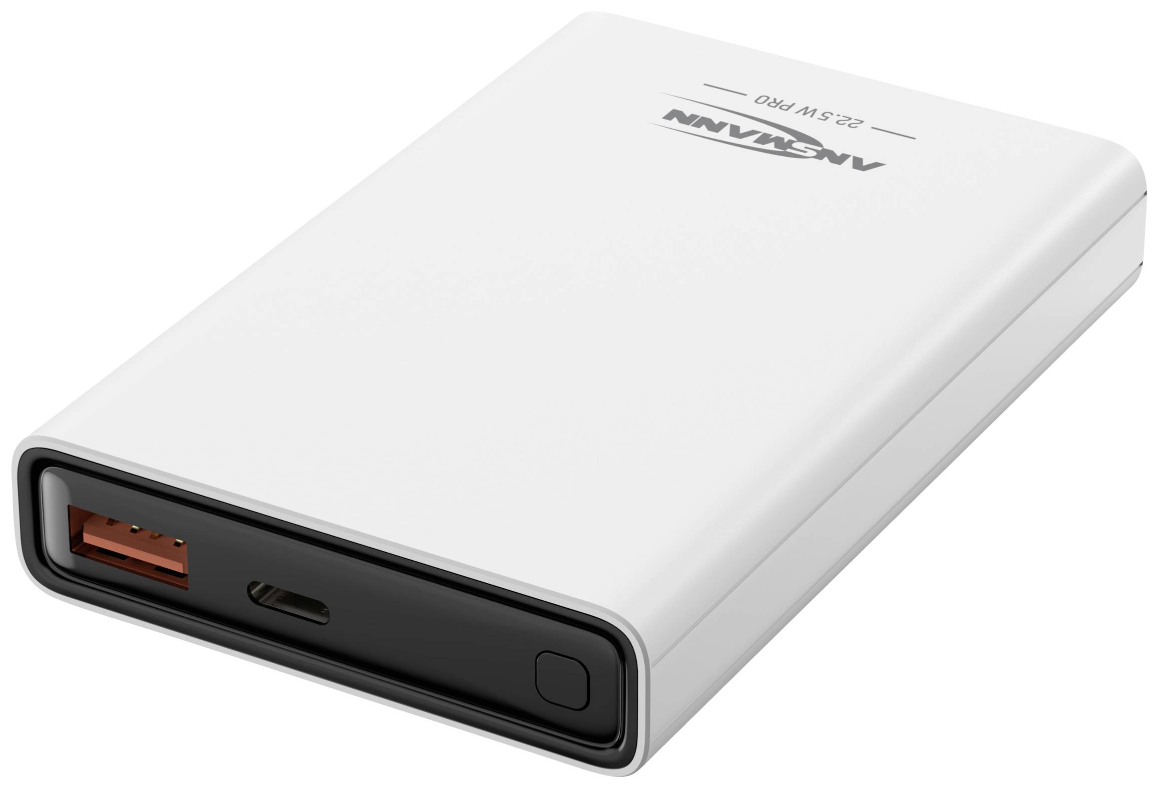 Weiße Powerbank mit USB-Anschluss und USB-C-Anschluss. Sie ist kompakt und für das Aufladen von Geräten unterwegs gedacht.