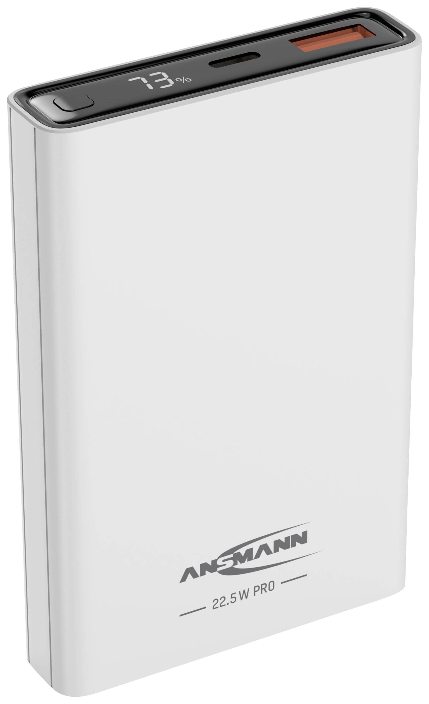 Weiße Powerbank mit digitaler Anzeige, die 73 % Ladung zeigt. Oben befinden sich verschiedene Anschlüsse, unten steht 'Ansmann 22.5W Pro'.