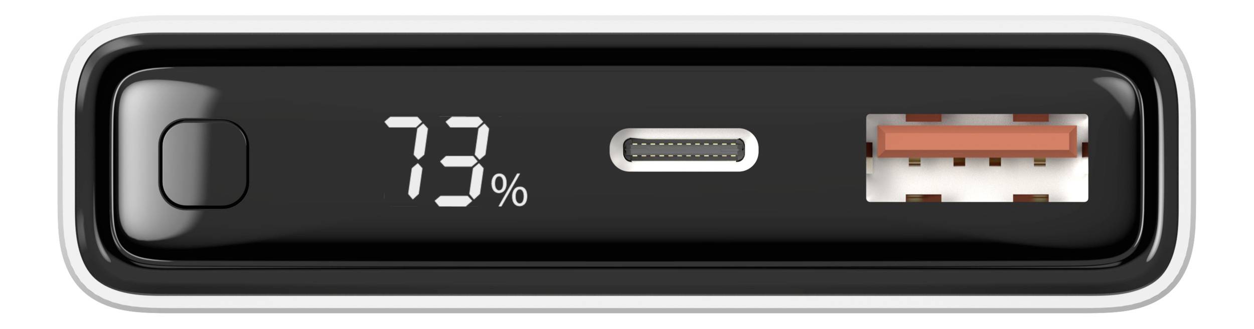 Tragbares Ladegerät mit 73% Ladeanzeige, USB-C- und USB-A-Anschlüssen, geeignet zum Aufladen verschiedener Geräte.
