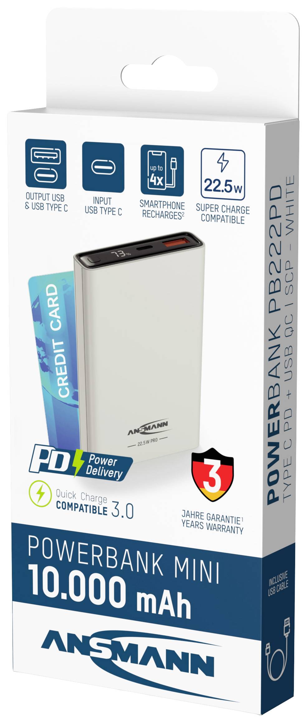 Powerbank, 10.000 mAh, mit USB-C und USB-A Anschlüssen. Unterstützt Power Delivery. Verpackung zeigt Produktbild und Spezifikationen.