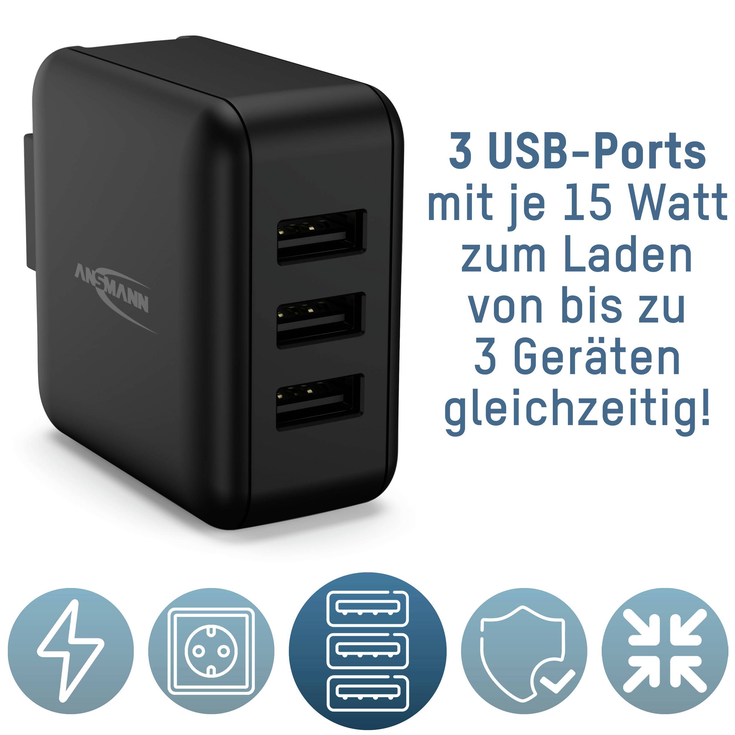 Ansmann Travel Charger TC315 USB Ladegerät 15W 3x USB-A Schwarz Innenbereich