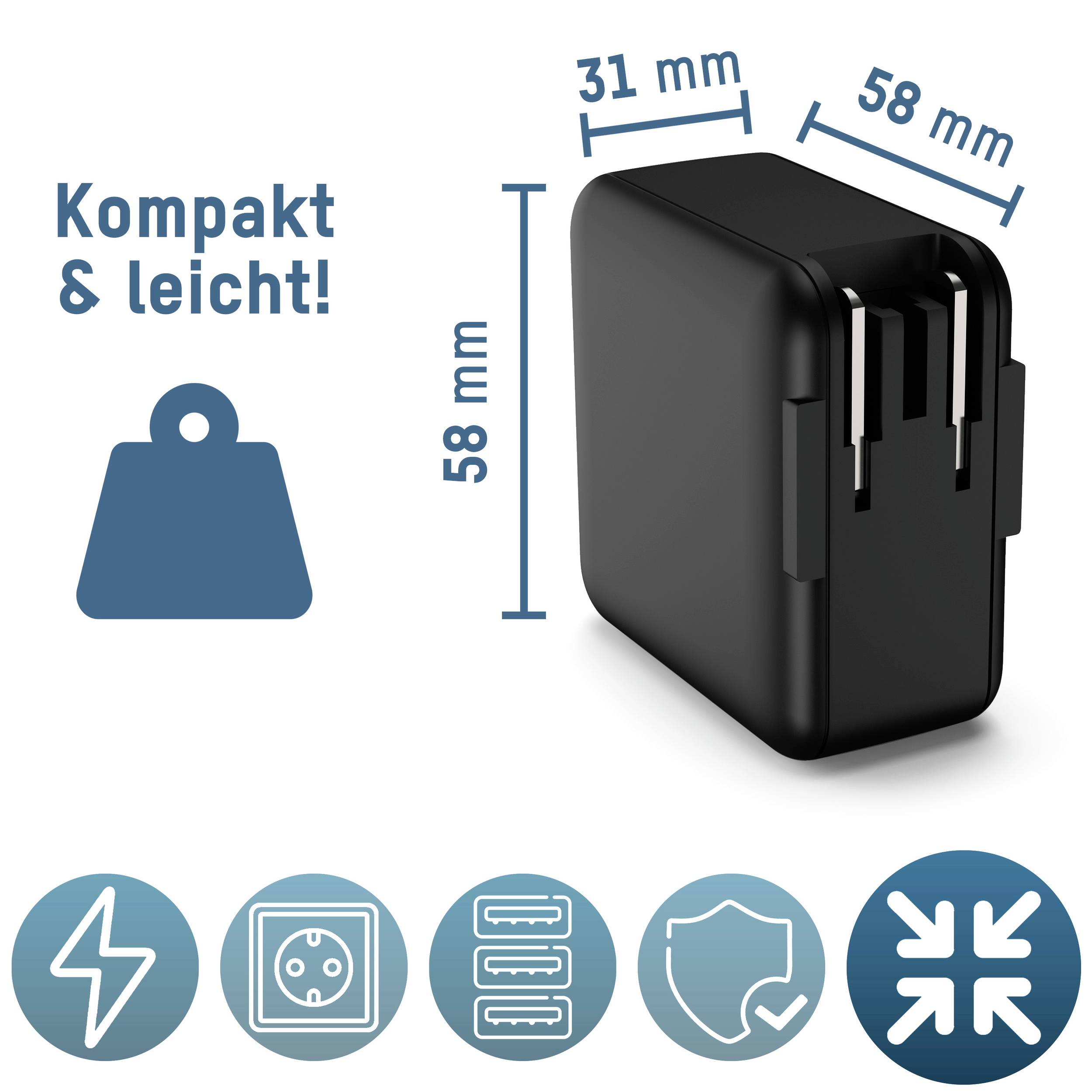 Schwarzes Ladegerät mit den Maßen 58 mm x 31 mm. Text: 'Kompakt & leicht'. Symbole für Strom, Steckdose, Schutz und Platzersparnis.