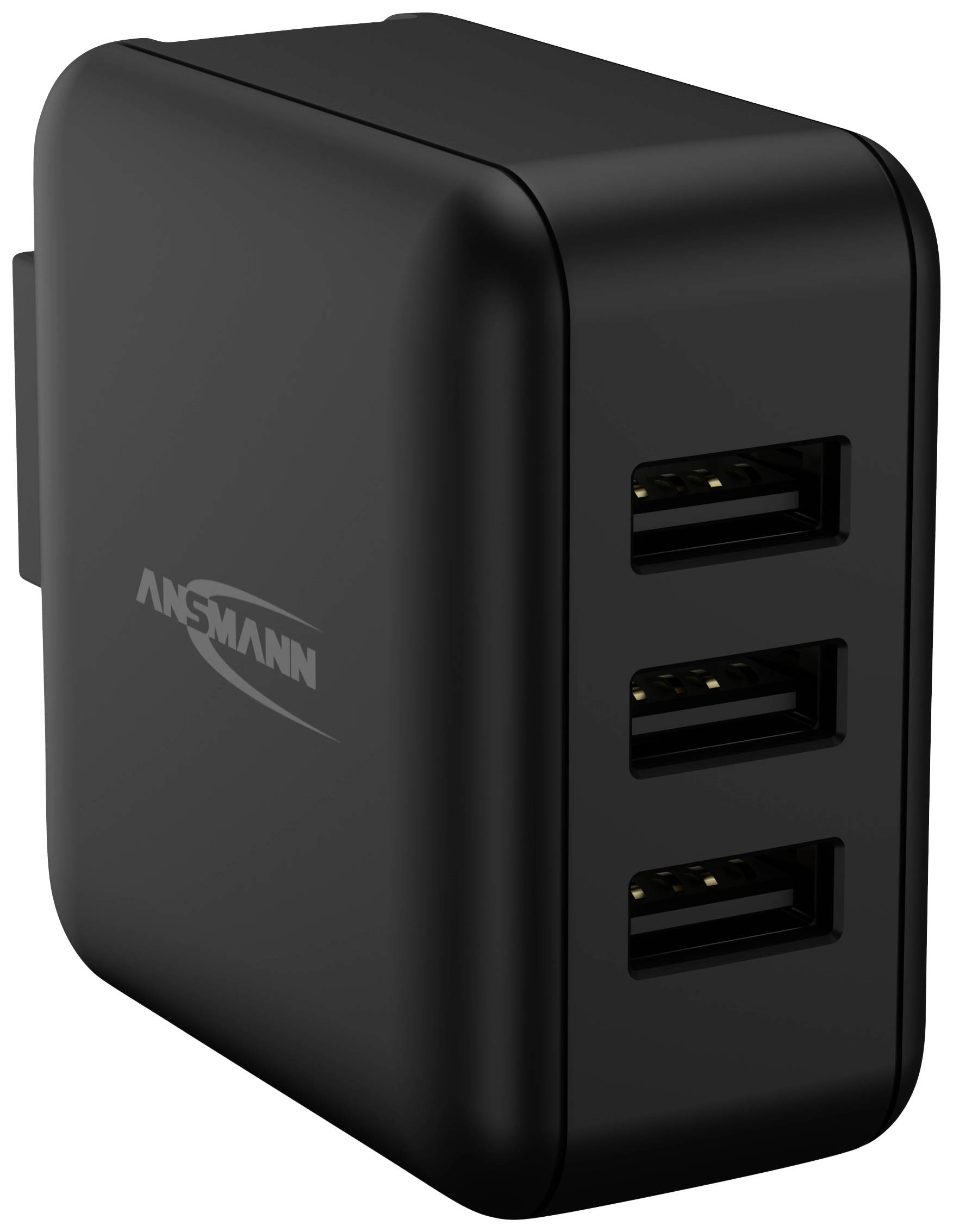 Schwarzes USB-Ladegerät mit drei USB-Anschlüssen, geeignet zum gleichzeitigen Laden mehrerer Geräte.