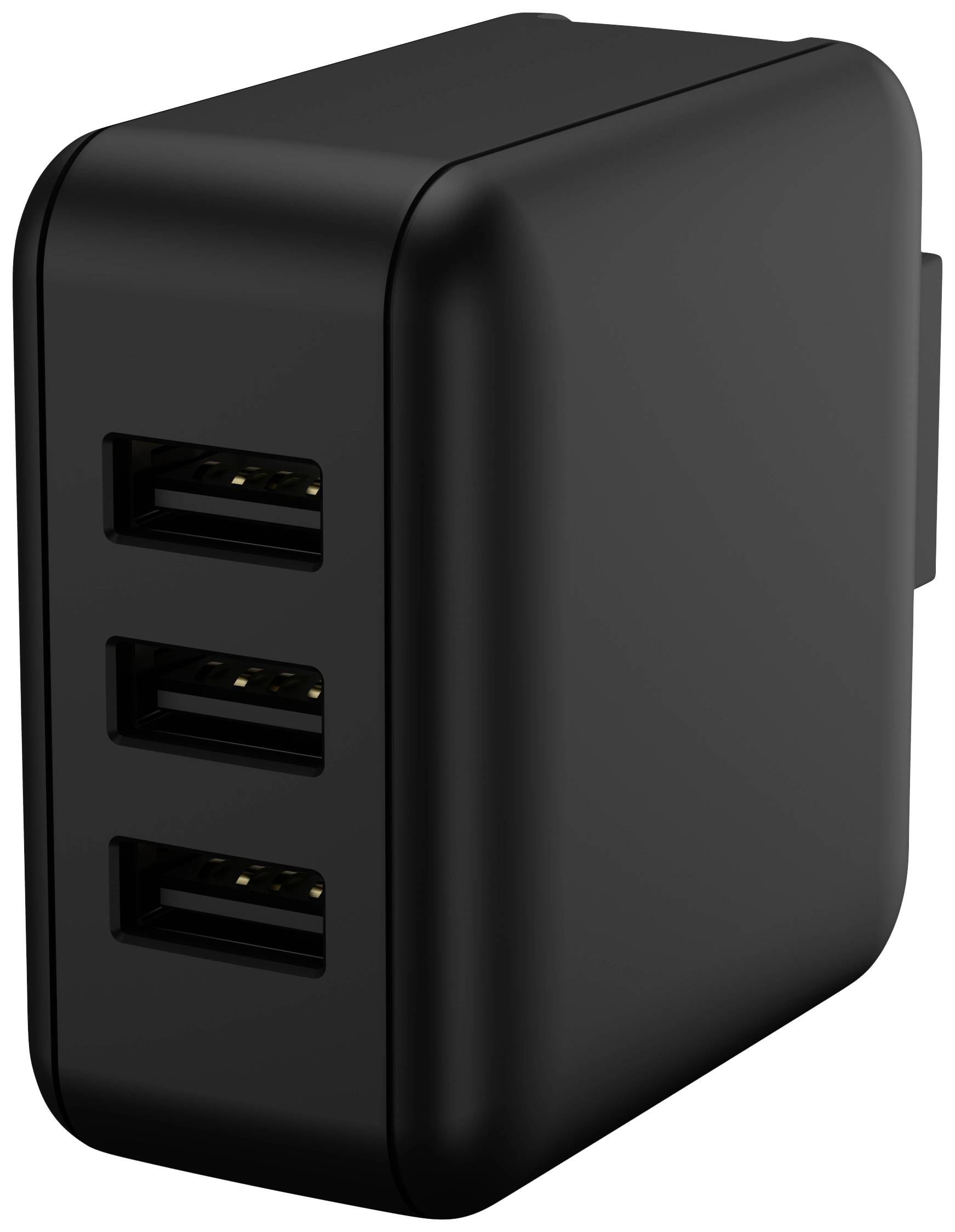 Schwarzes USB-Ladegerät mit drei USB-Anschlüssen übereinander, kompakt und für gleichzeitiges Laden mehrerer Geräte geeignet.
