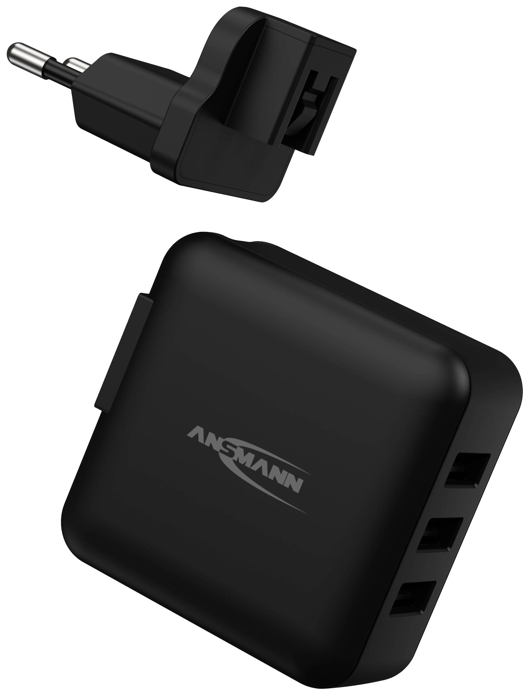 Schwarzes USB-Ladegerät mit drei USB-Anschlüssen und abnehmbarem EU-Stecker, geeignet zum gleichzeitigen Laden mehrerer Geräte.