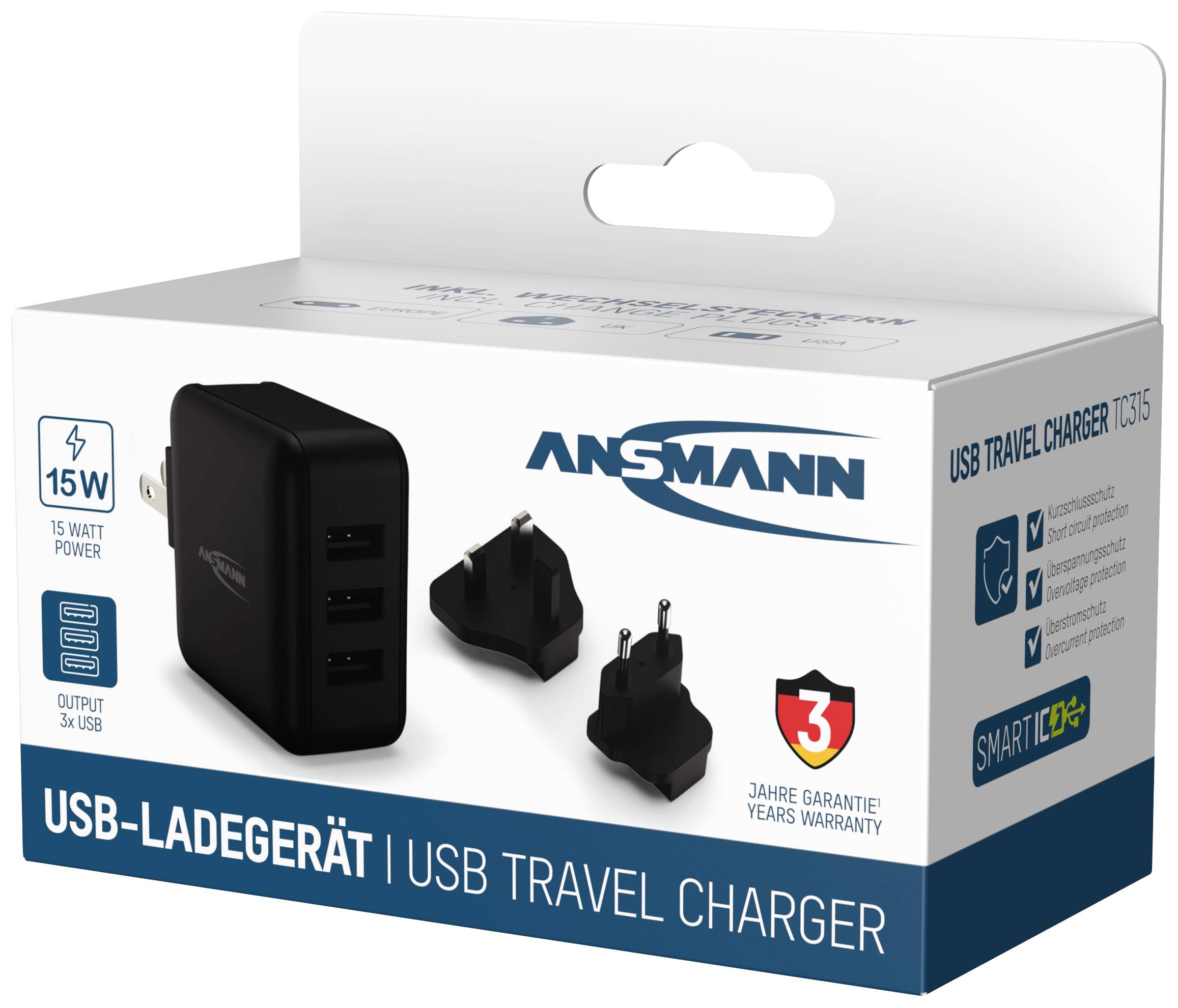 Bild eines USB-Reiseladegeräts mit drei Ladeports, zwei austauschbaren Steckeraufsätzen und der Aufschrift '3 Jahre Garantie'.