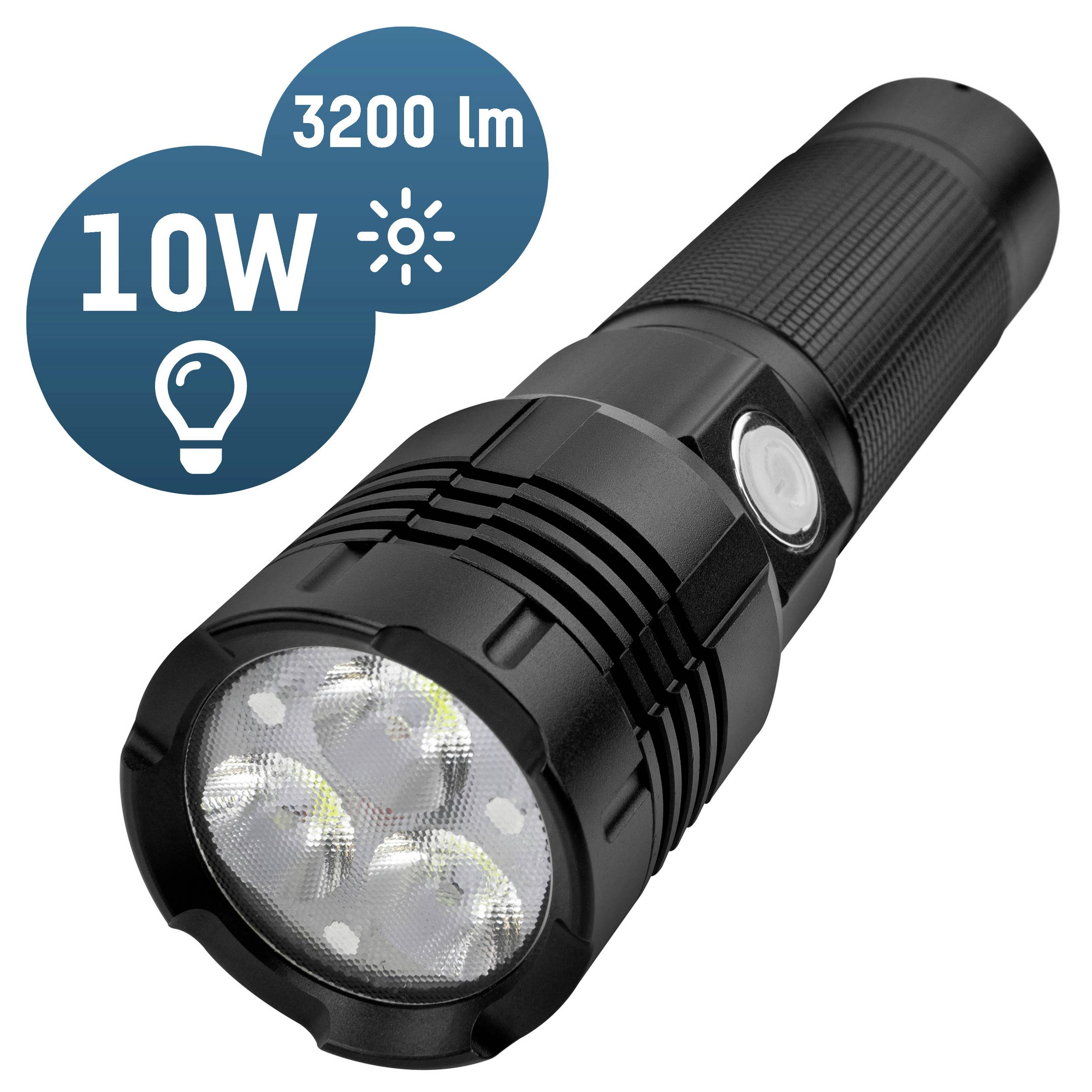 Schwarze Taschenlampe mit drei LED-Leuchten, Leistung von 10W und Helligkeit von 3200 Lumen. Symbol für Leuchtkraft in der Ecke.