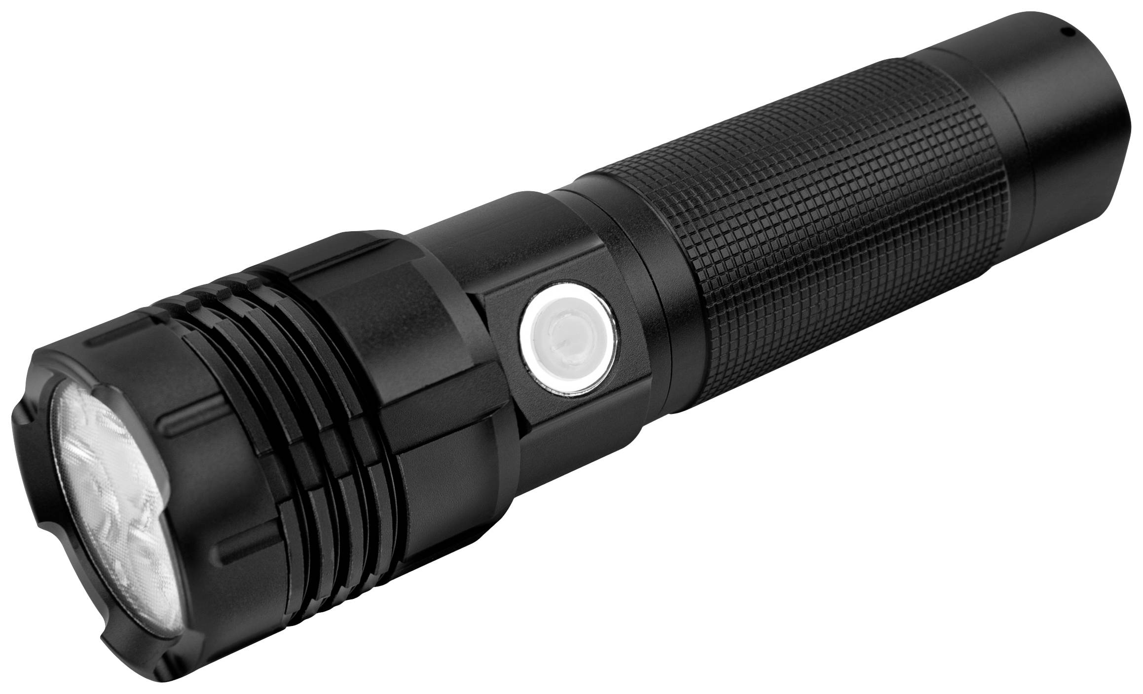 Schwarze Taschenlampe mit geriffeltem Griff und seitlichem weißen Knopf; modernes Design.