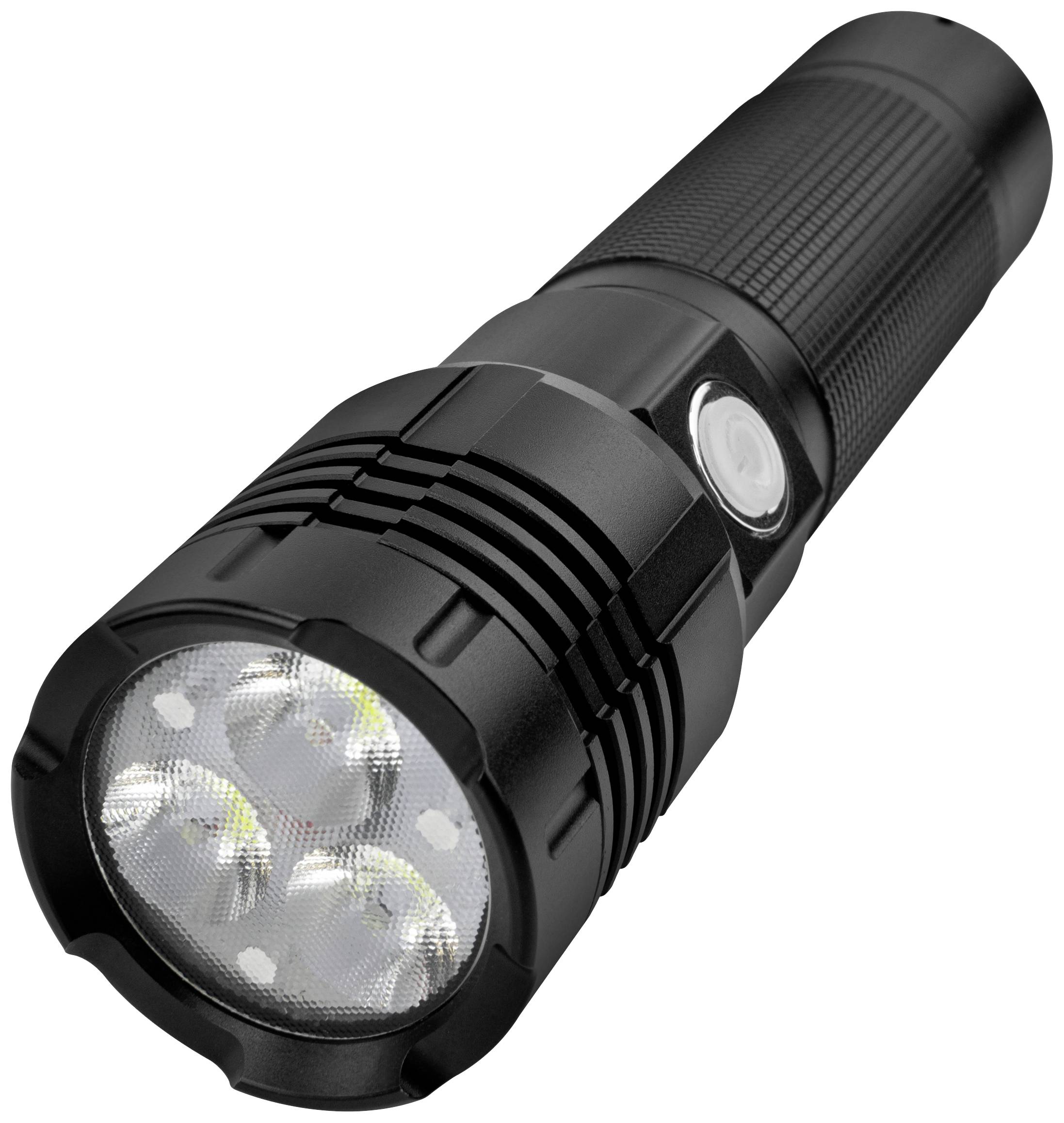 Schwarze Taschenlampe mit drei LED-Leuchten, seitlicher Knopfsteuerung und geriffeltem Griff.