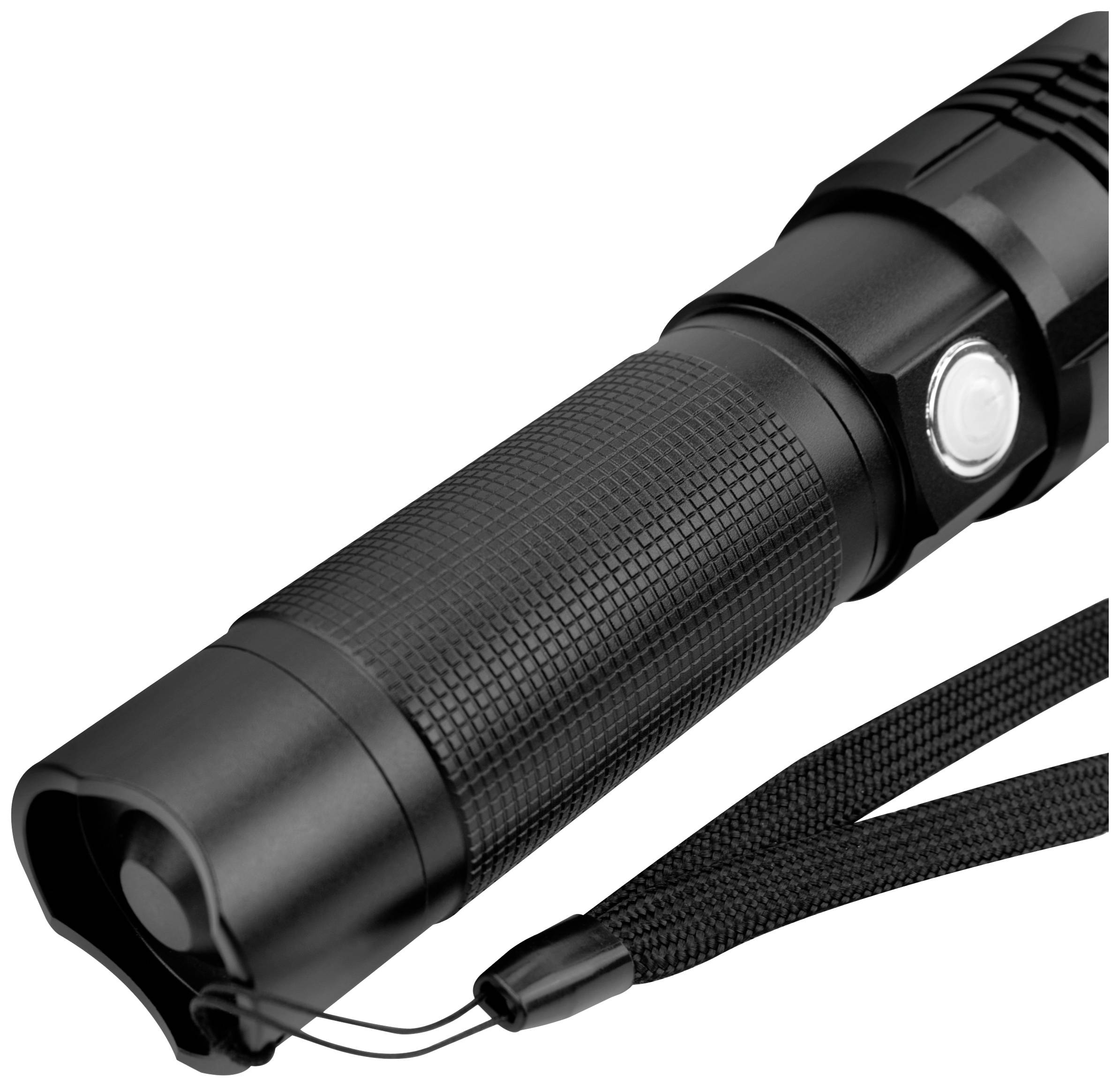 Schwarze Taschenlampe mit strukturiertem Griff und Handschlaufe, seitlicher Druckknopf; Taschenlampenform ist zylindrisch.