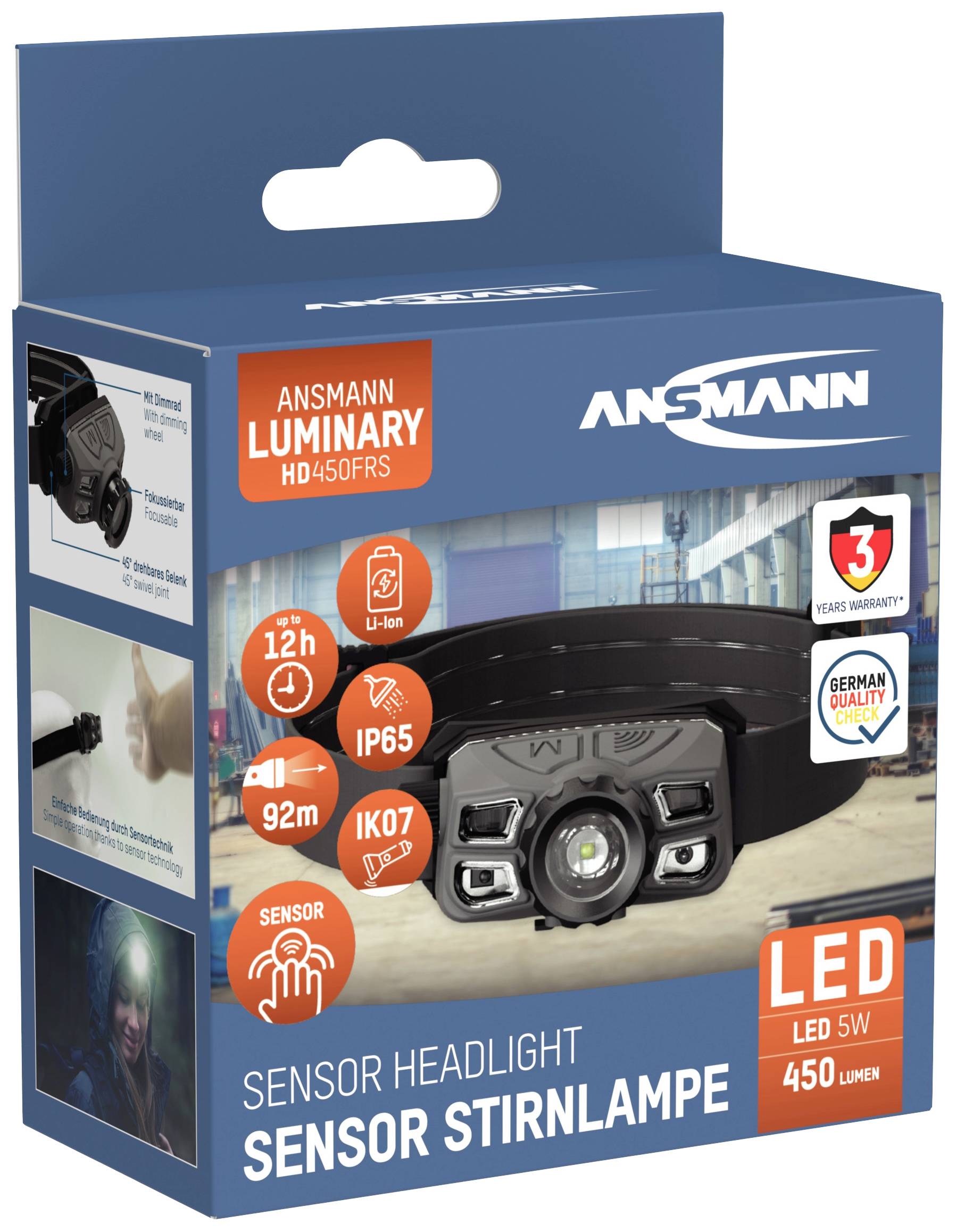 Verpackung der ANSMANN LED Sensor Stirnlampe. Eigenschaften: LED, 5W, 450 Lumen, bis zu 12 Stunden Laufzeit, IP65, mit Sensor.