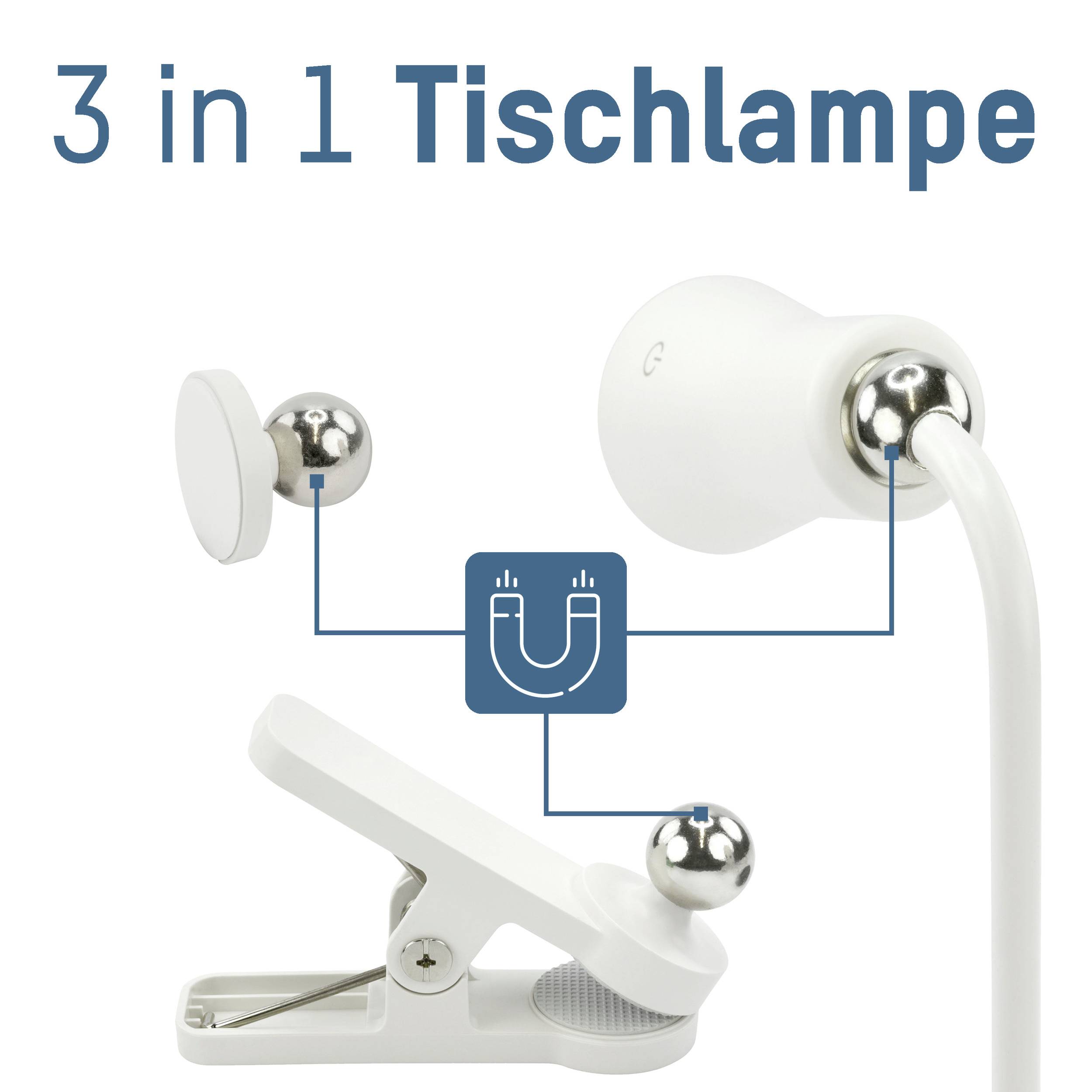 '3 in 1 Tischlampe' mit Magneten und Klemmen, die Möglichkeiten zur flexiblen Befestigung darstellen.