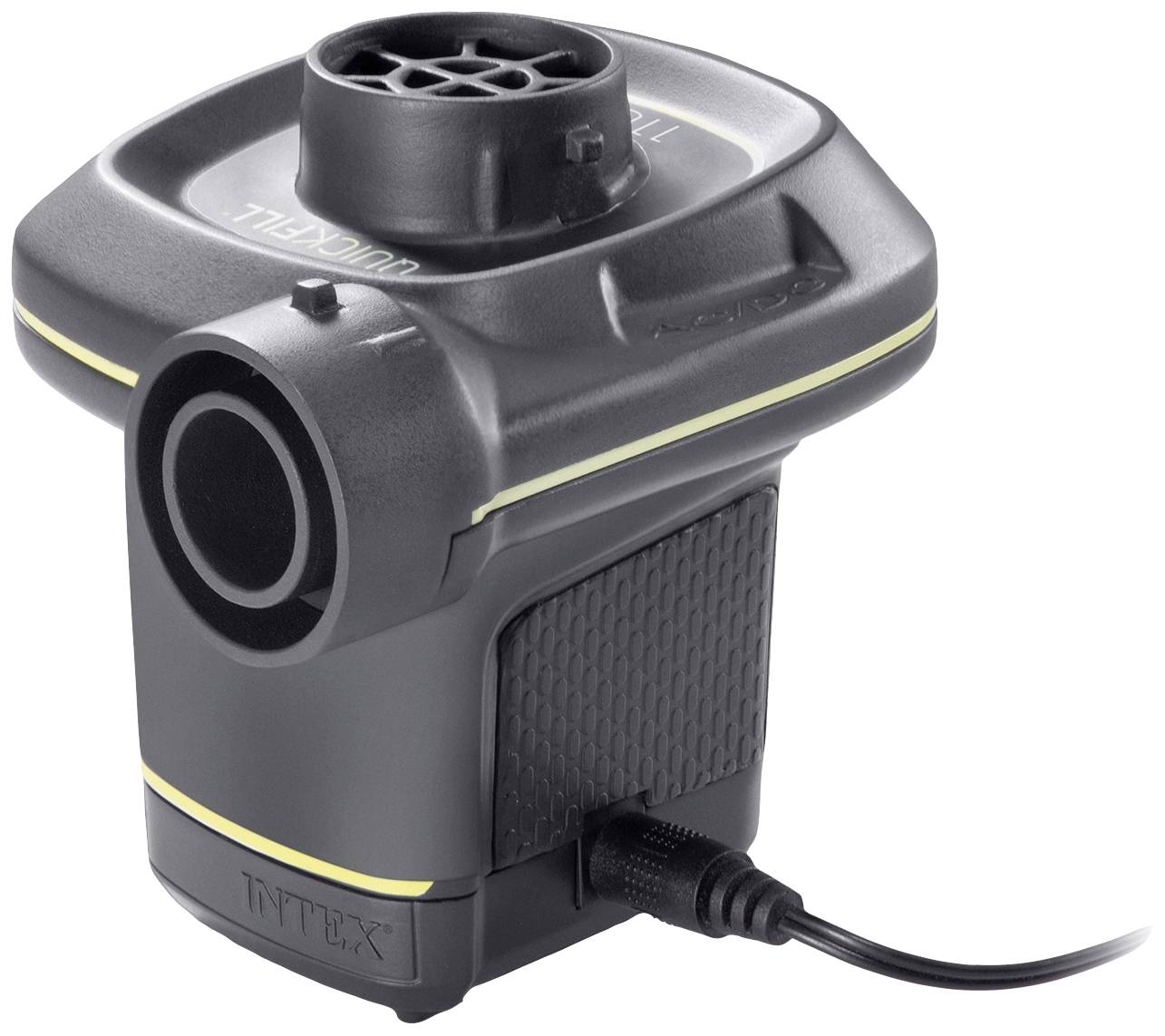 Elektrische Luftpumpe mit schwarzem Gehäuse und Netzkabel, geeignet zum schnellen Aufpumpen von Luftmatratzen und Schwimmreifen.