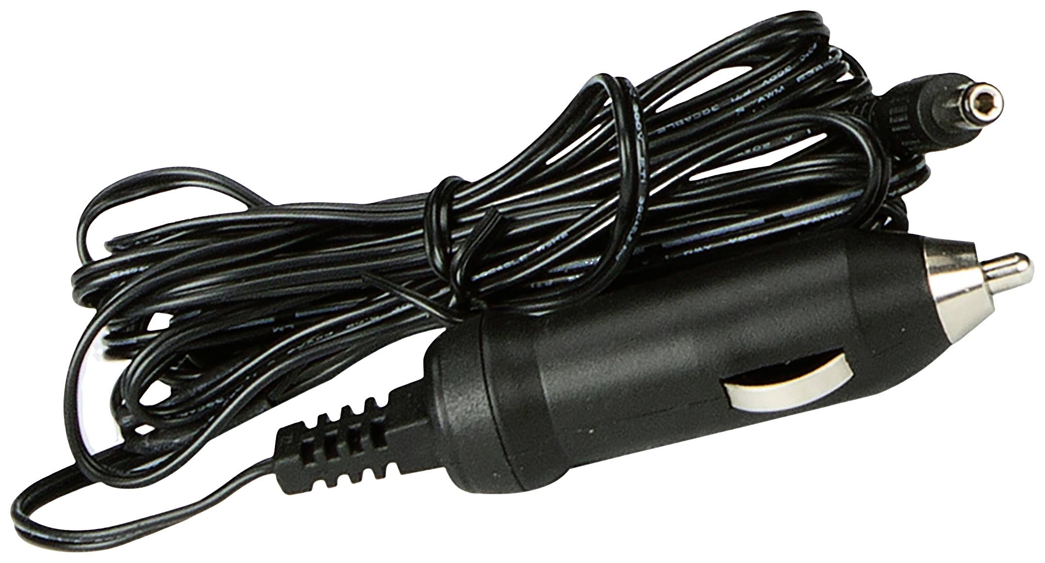 Schwarzes Stromkabel mit Zigarettenanzünder-Stecker. Verwendet für die Stromversorgung von Geräten im Auto.