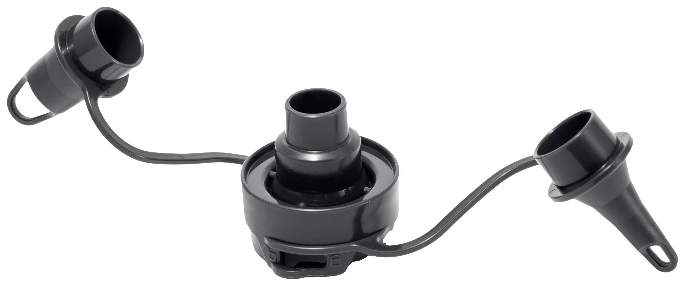 Ein schwarzer Adapter mit drei Ventilen, verbunden durch flexible Schläuche. Hauptsächlich für aufblasbare Gegenstände verwendet.