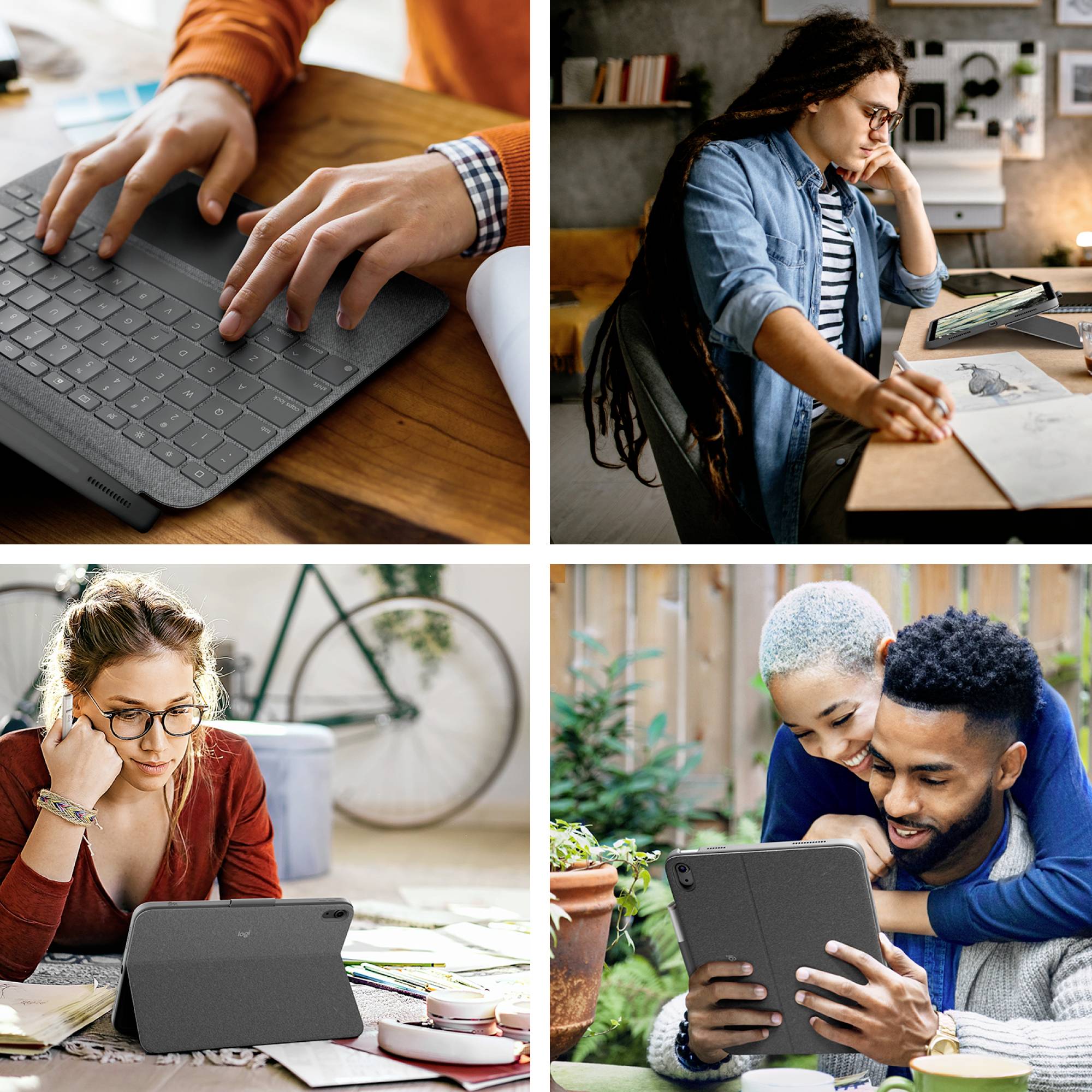 Vier Bilder von Menschen, die in unterschiedlichen Umgebungen mit Tablets arbeiten: am Schreibtisch, im Freien und zu Hause.