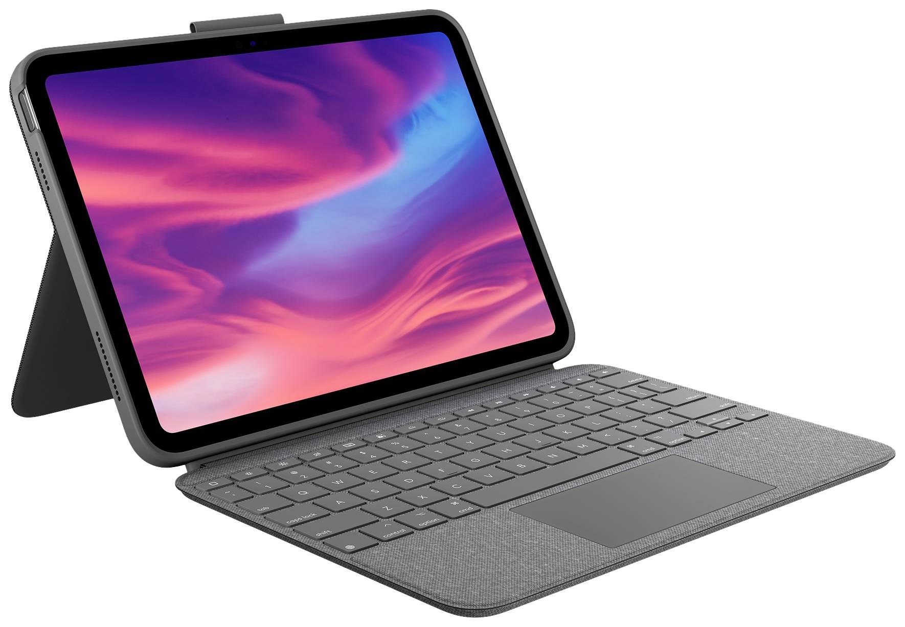 Ein Tablet mit abnehmbarer Tastatur steht auf einem Tisch. Der Bildschirm zeigt ein abstraktes Muster in leuchtenden Farben.