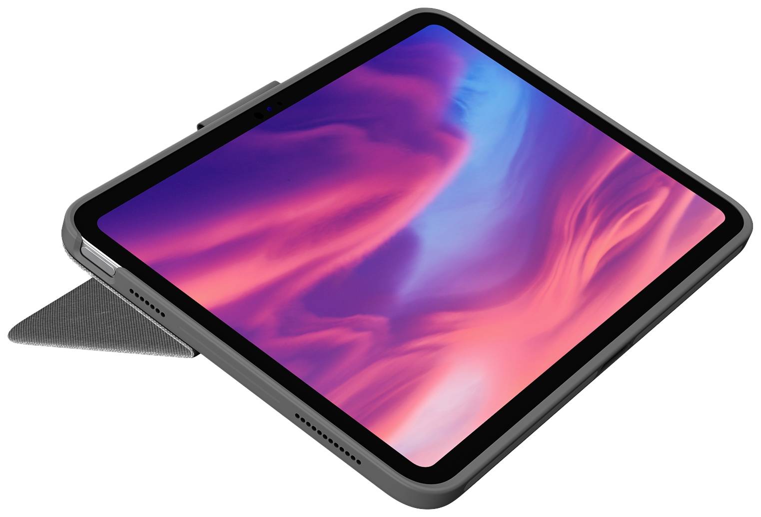 Ein Tablet mit einem leuchtend farbigen Display zeigt rosa und blaue Muster.