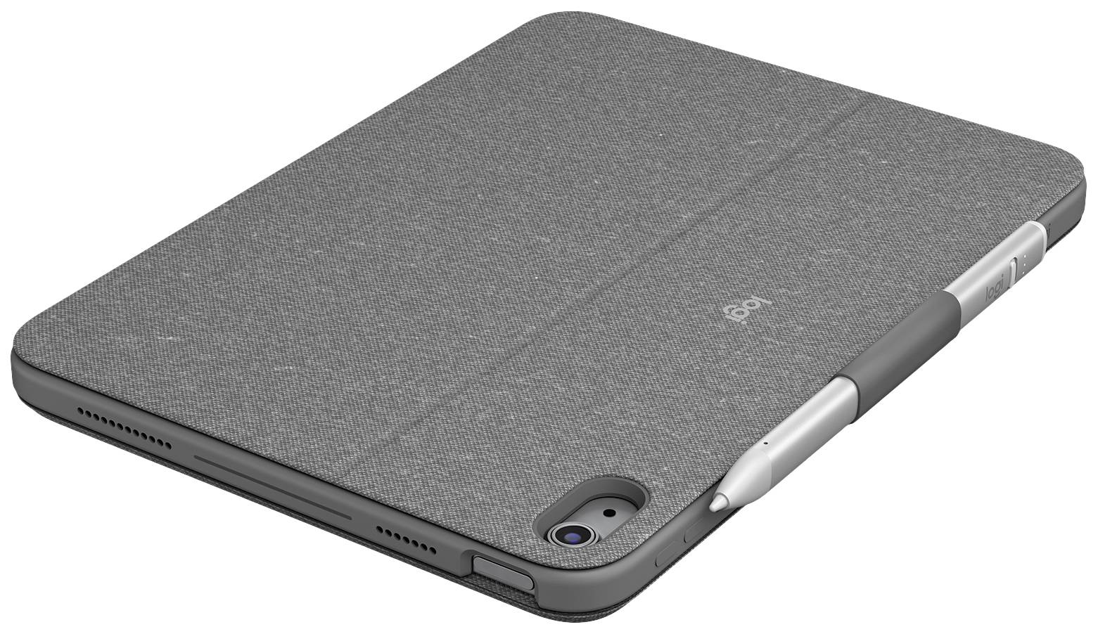 Ein Tablet mit einer grauen Hülle und einem darauf angebrachtem Eingabestift liegt mit der Rückseite nach oben.