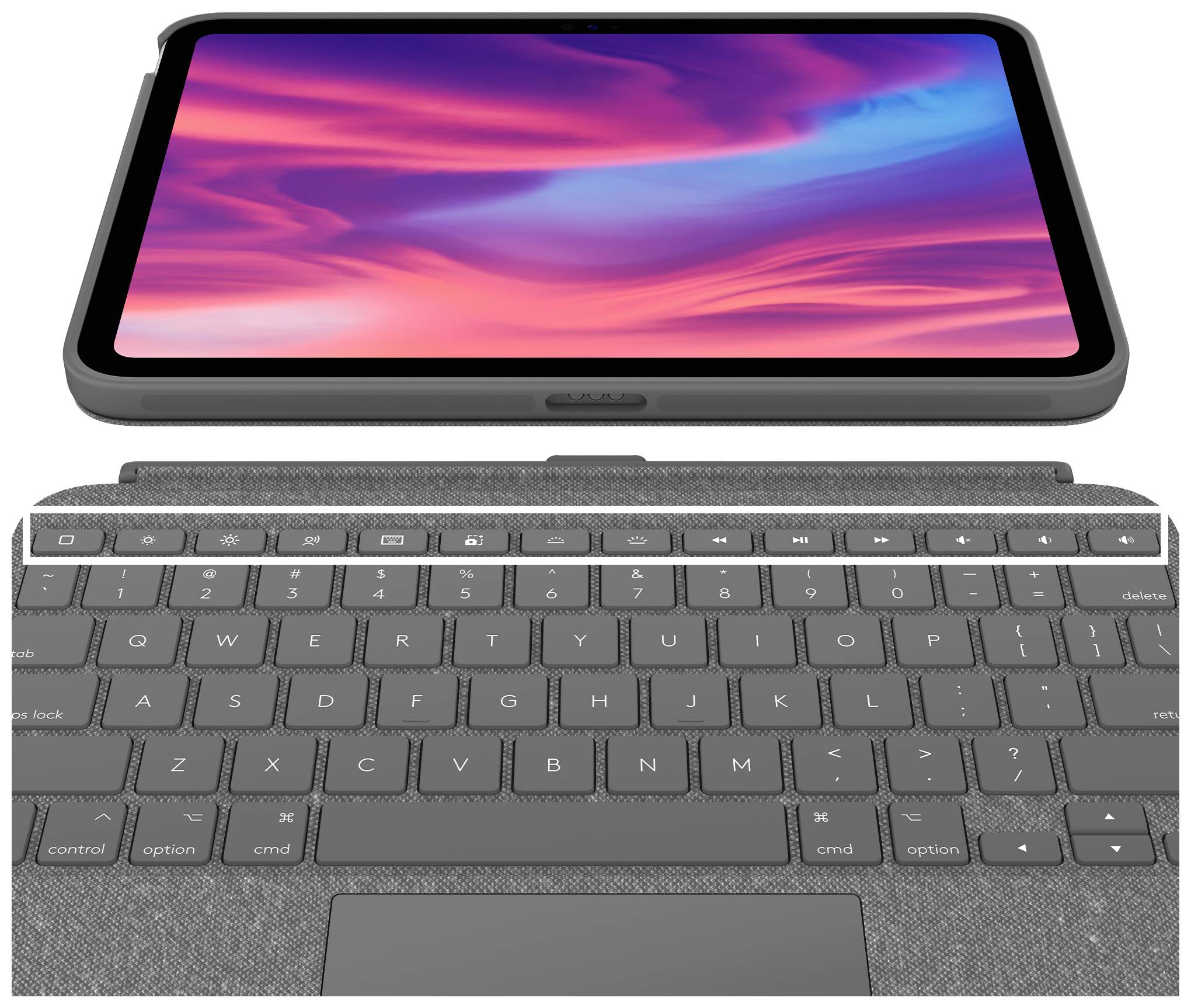 Ein Tablet mit leuchtendem Display liegt auf einer ansteckbaren Tastatur.