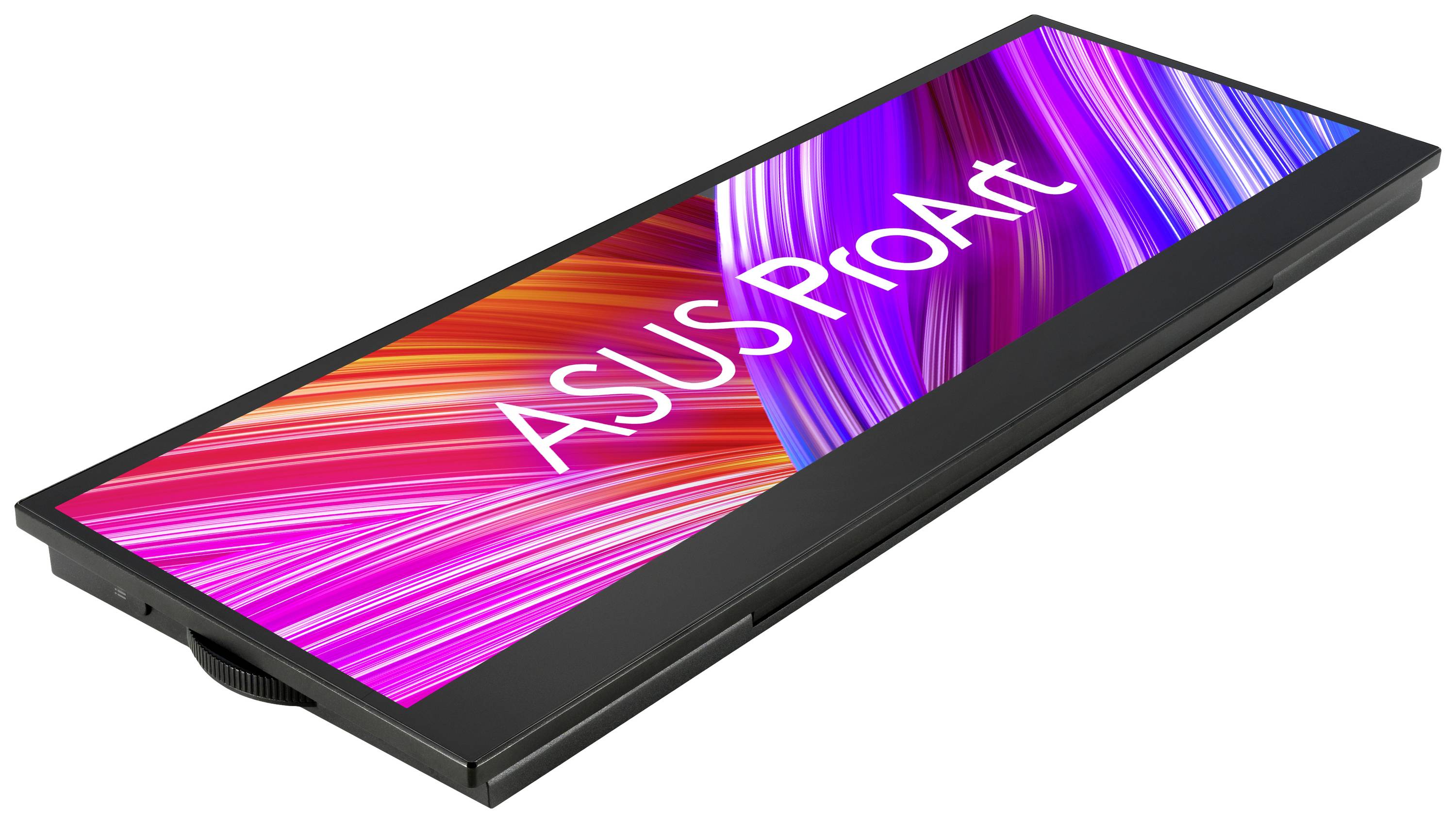 Das Bild zeigt einen ASUS ProArt Monitor mit einem leuchtend pink-blauen Bildschirm.