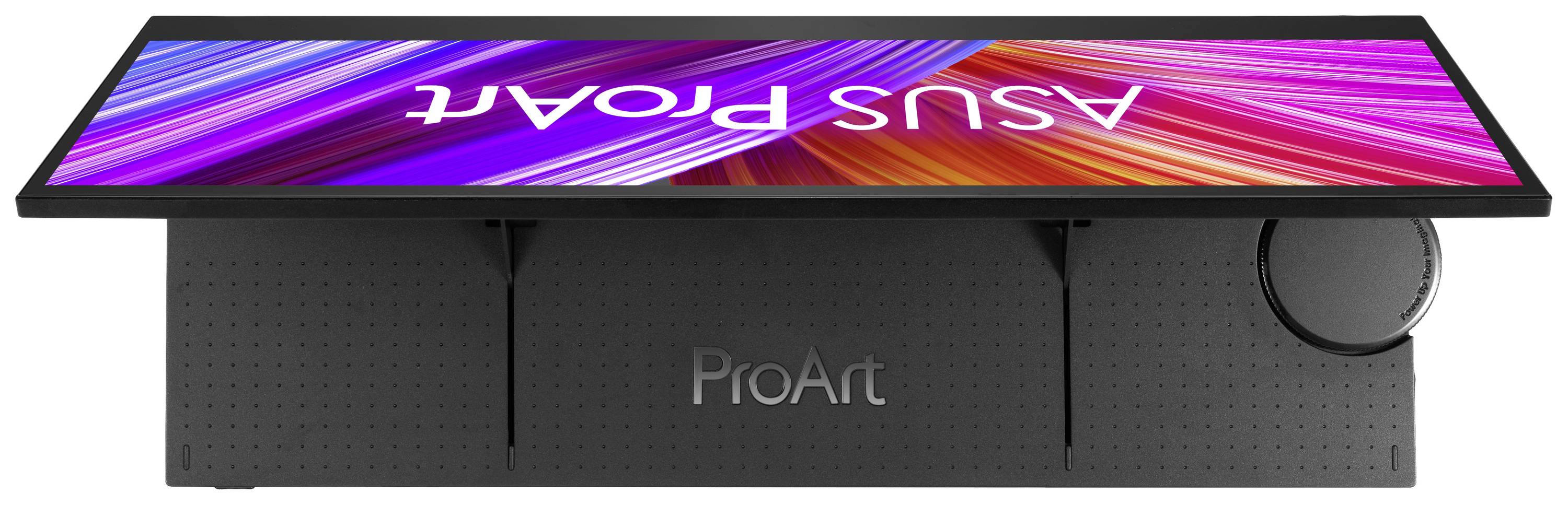 Ein flacher Bildschirm mit einem digitalen Design in lebhaften Farben und der Aufschrift 'ASUS ProArt'. Bildschirm ist neigbar.