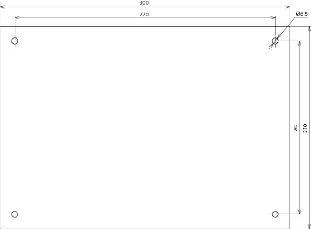 Technische Zeichnung eines rechteckigen Metallblechs mit Maßen: Länge 300 mm, Breite 270 mm, Bohrungen an jeder Ecke, Detail Ø6,5.