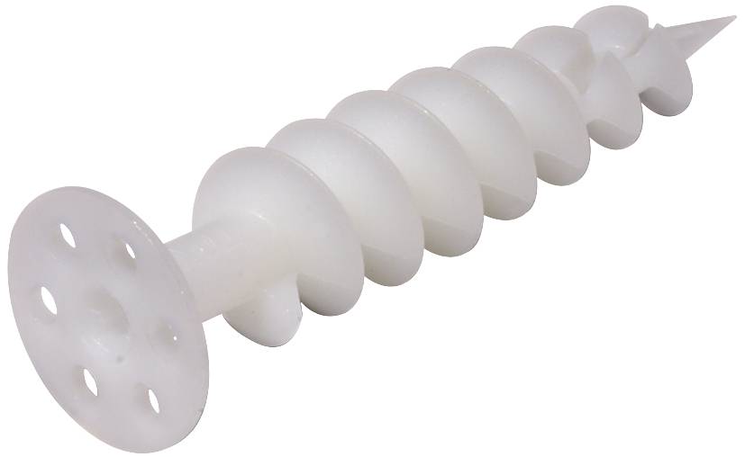 Ein weißer Kunststoffdübel mit spiralförmigem Gewinde und flachem Kopf mit Löchern, verwendet zur Befestigung in Wänden.