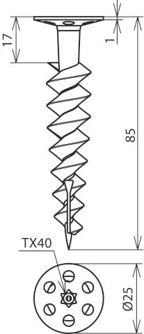 Technische Zeichnung einer Schraube mit spiralförmigem Gewinde und flachem Kopf, Gesamtlänge 85 mm, Kopfdurchmesser 25 mm.