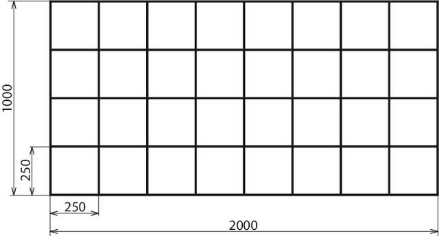 Rechteckiges Gitter mit 4 Zeilen und 8 Spalten. Maße: 1000 x 2000 mm, Kachelelementgröße: 250 x 250 mm.