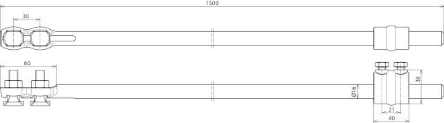 Technische Zeichnung einer Stange mit Abmessungen: Länge 1500 mm, Breite 60 mm. Seitlich zwei Schraubverbindungen, Detailansicht unten links.
