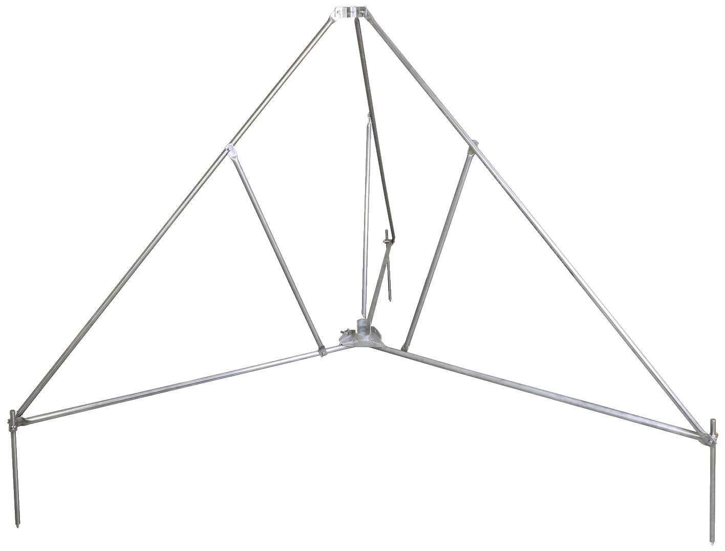 Metallgerüst für Zeltaufbau, bestehend aus drei Dreiecken, verbunden durch Stangen. Verwendet für stabile Zeltstruktur.