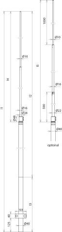 Technische Zeichnung einer Stange mit verschiedenen Abschnitten und Durchmessern, Maßangaben in Millimetern an mehreren Punkten.