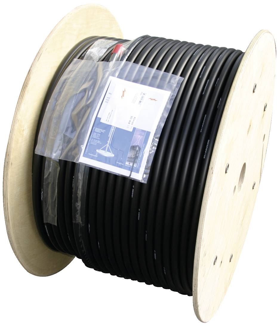 Große Kabeltrommel mit aufgewickeltem schwarzen Kabel und beigelegten technischen Dokumenten in einer Kunststoffhülle.