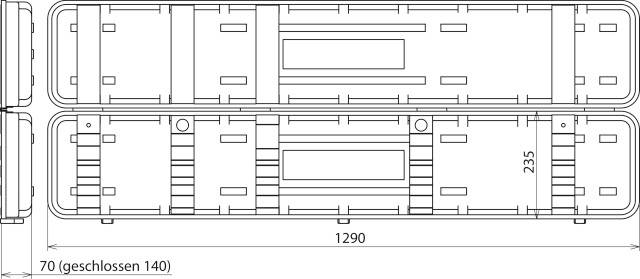 Technische Zeichnung eines rechteckigen Behälters mit den Abmessungen 1290 x 235 x 70 mm, geschlossen 140 mm hoch.