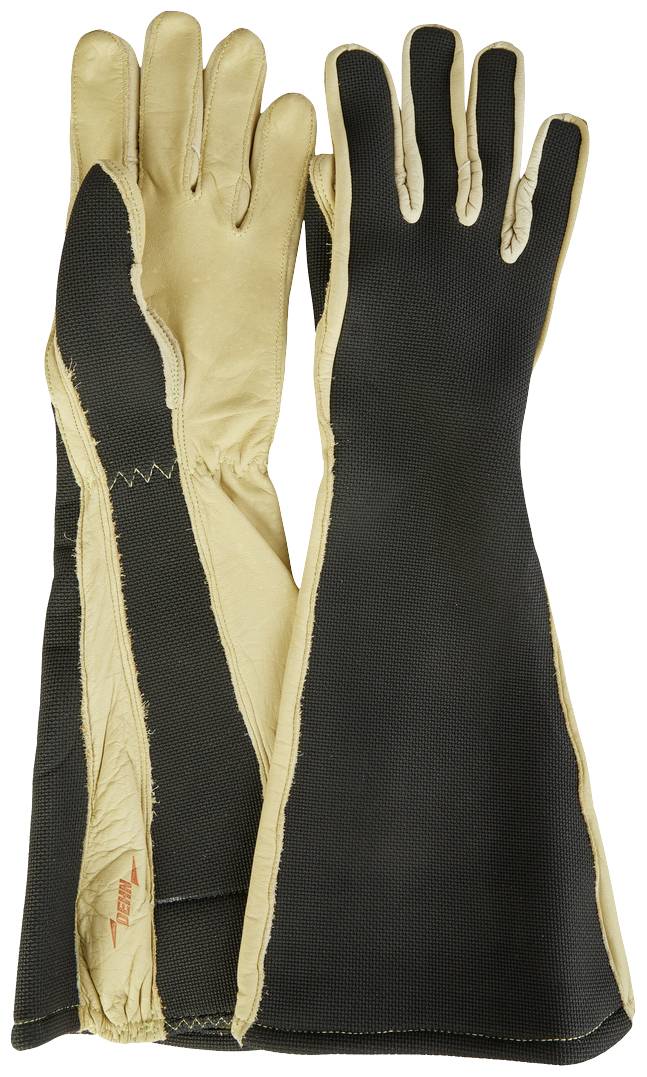 Zwei Paar lange Handschuhe, schwarz mit beigem Innenfutter. Sie scheinen für den Schutz bei speziellen Arbeiten entwickelt zu sein.