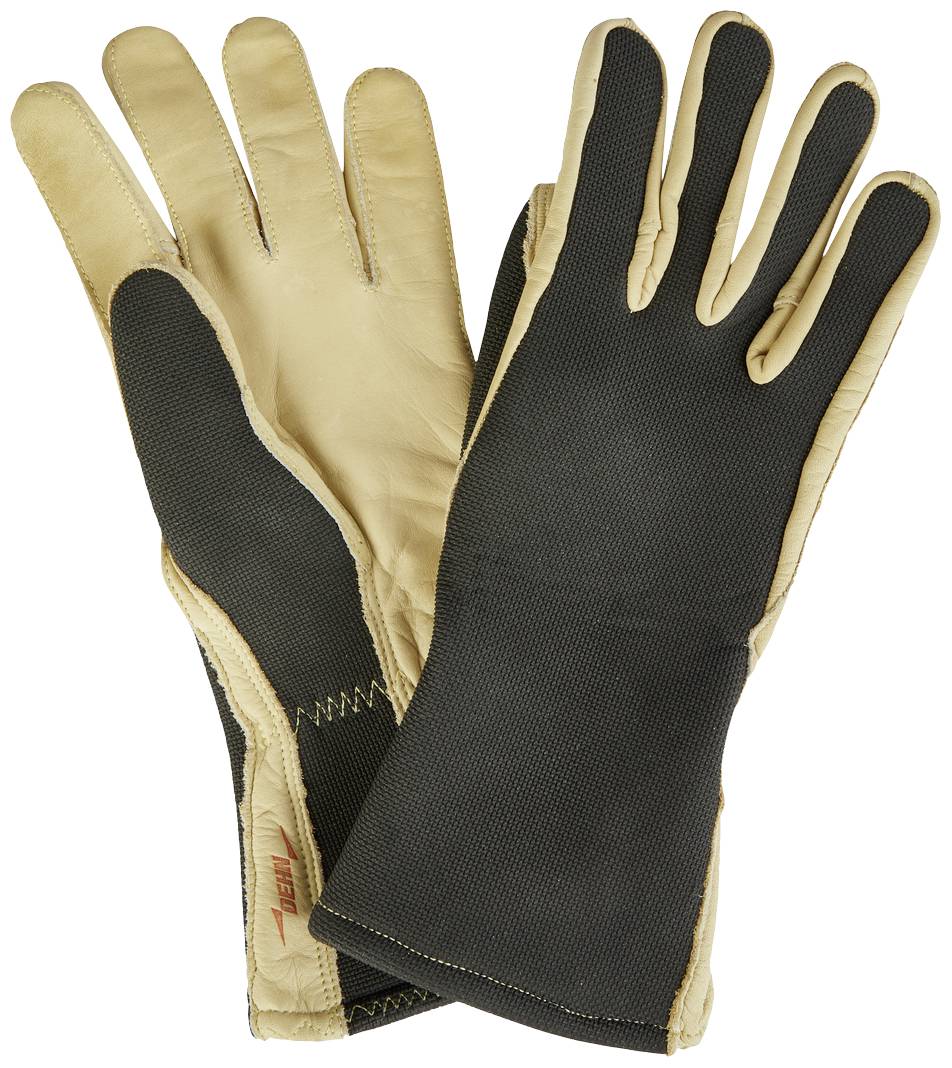 Ein Paar Arbeitshandschuhe aus Leder mit beiger Handfläche und schwarzen Handrücken, flach auf einer Oberfläche liegend.