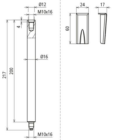 Technische Zeichnung eines zylindrischen Bauteils mit Abmessungen: Länge 217 mm, Durchmesser 16 mm. Gewinde M10x16 an beiden Enden. Zwei Querschnittsansichten rechts.