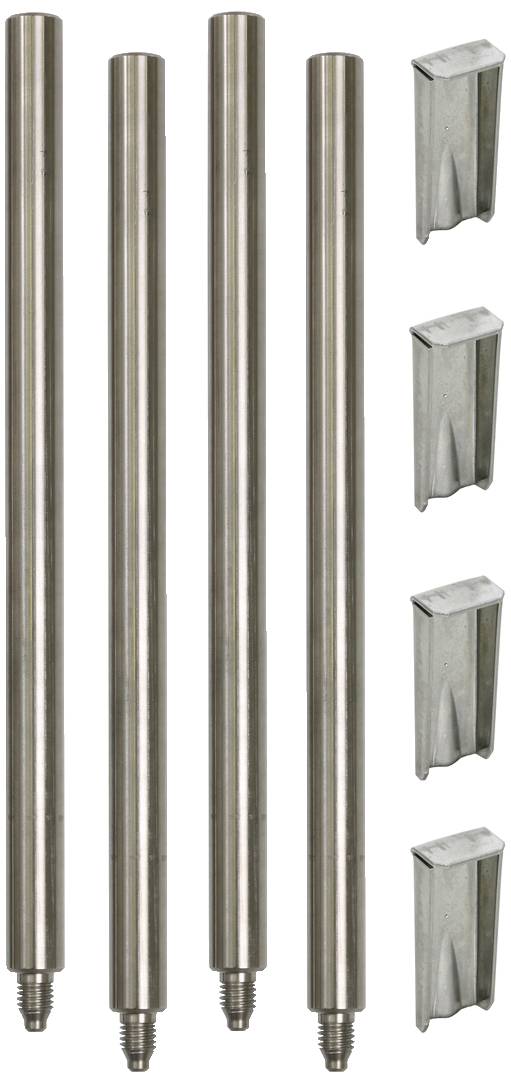 Vier Metallstangen und vier Metallklammern in einer Reihe.