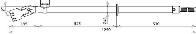 Technische Zeichnung eines 1250 mm langen Rohrs mit Winkeln und Maßen. Zeigt Anschlüsse und Details für Montageanweisungen.