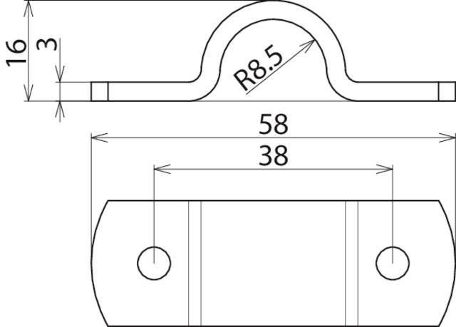 Technische Zeichnung eines Metallbügels mit Maßen: Länge 58 mm, Breite 38 mm, Höhe 16 mm, Krümmungsradius 8,5 mm.