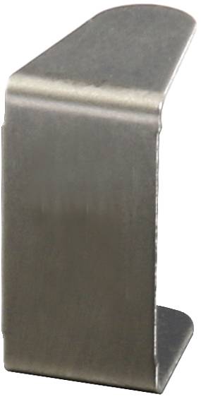 Metallklammer mit gebogenem Rand. Geeignet für die Befestigung oder Verbindung von Bauteilen. Funktional und robust designt.