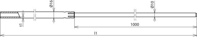Technische Zeichnung eines Stabs. Links ein Querschnitt, der die innere Struktur zeigt, rechts Maßangaben: Durchmesser 16 mm und 10 mm, Länge 1000 mm.