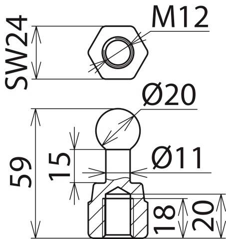 Technische Zeichnung eines Bauteils mit M12-Sechskantmutter. Maße: SW24, Ø20, Gesamthöhe 59, Details 15, Ø11, 18, 20.