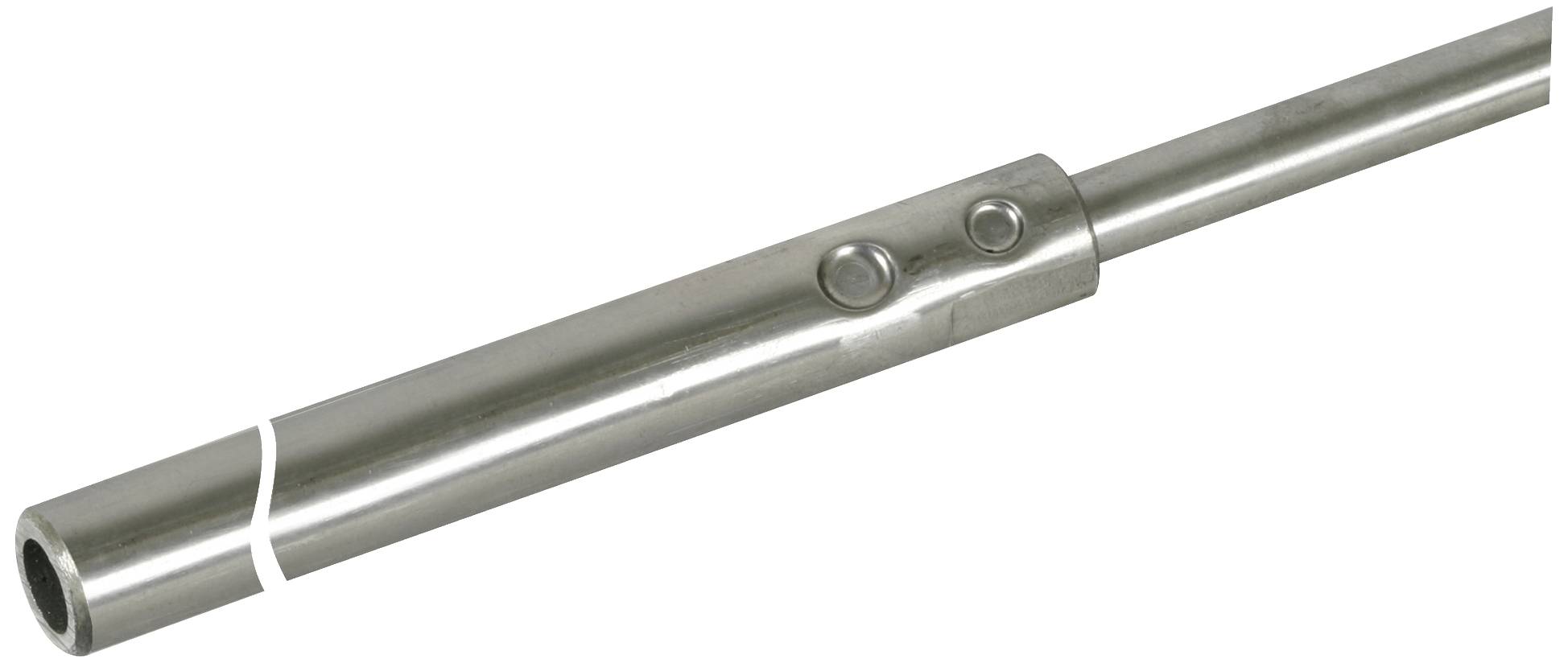 Ein silberner, zylindrischer Metallstab mit einer Öffnung vorn und zwei Vertiefungen an der Seite. Der Stab hat einen glatten, polierten Look.