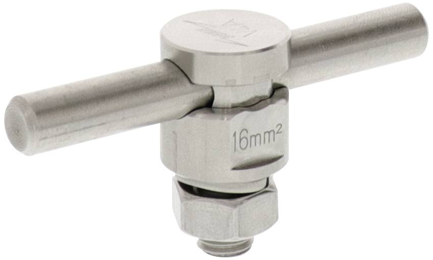 Ein silbernes Metallwerkzeug mit zwei horizontalen Griffen und einer Markierung '16 mm²'.