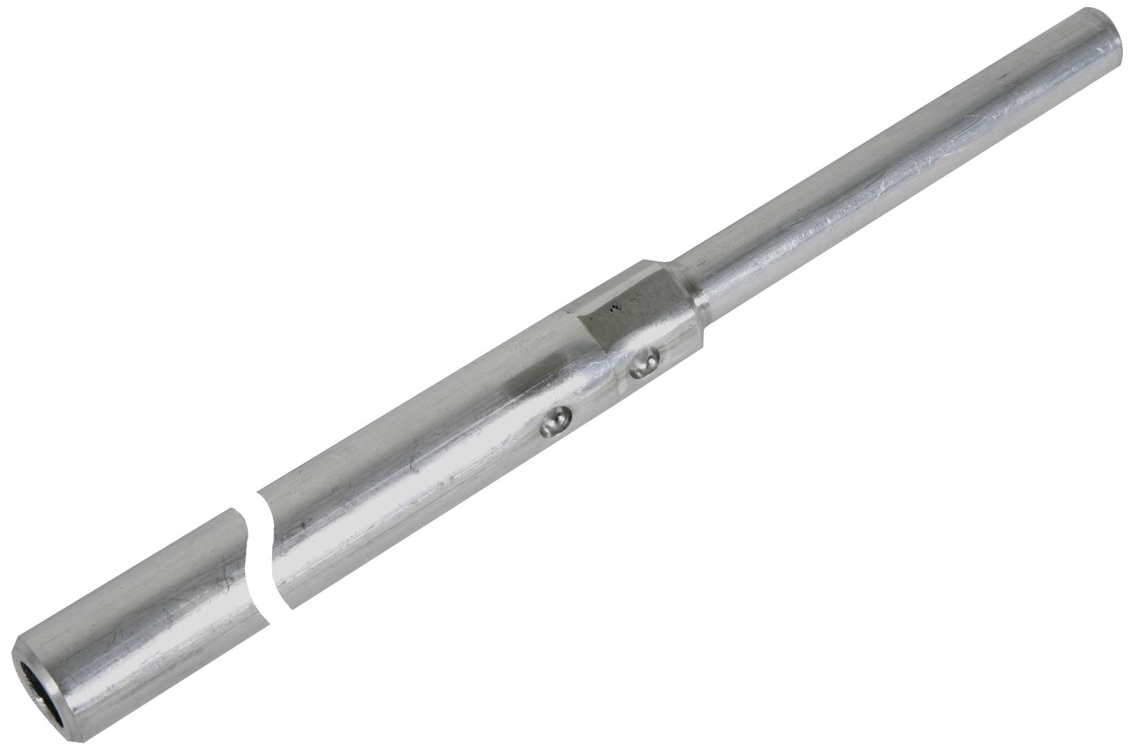Metallstange mit verlängerbarem Mittelteil und Befestigungsschrauben. Möglicherweise ein Bestandteil eines montierbaren Systems.