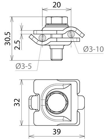 Technische Zeichnung eines mechanischen Bauteils mit Maßen: Oben 20 mm, seitlich 30,5 mm und 39 mm unten. Bohrlöcher Ø3-10 und Ø3-5.