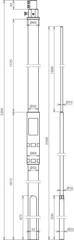Technische Zeichnung eines Schachtes mit Maßen in Millimetern. Höhe gesamt: 3200 mm. Verschiedene Durchmesser: 50 mm, 60 mm, 80 mm.